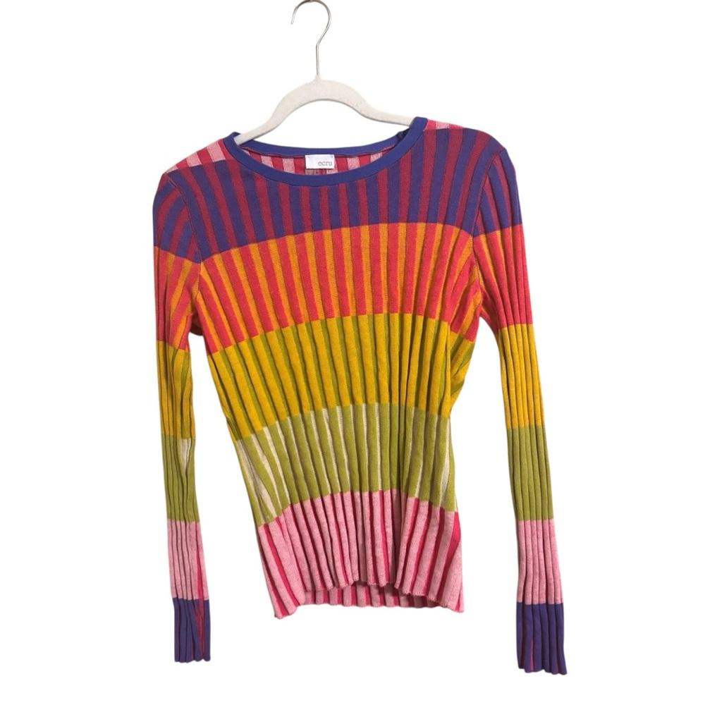 Ecru Colorblock Multicolor Rib Crew Neck Sweater Medium - Picture 3 of 10